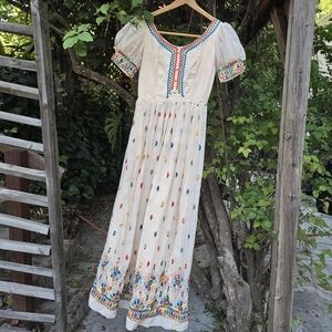 Vintage 60s Bohemian Peasant Dress with Colorful Embroidery